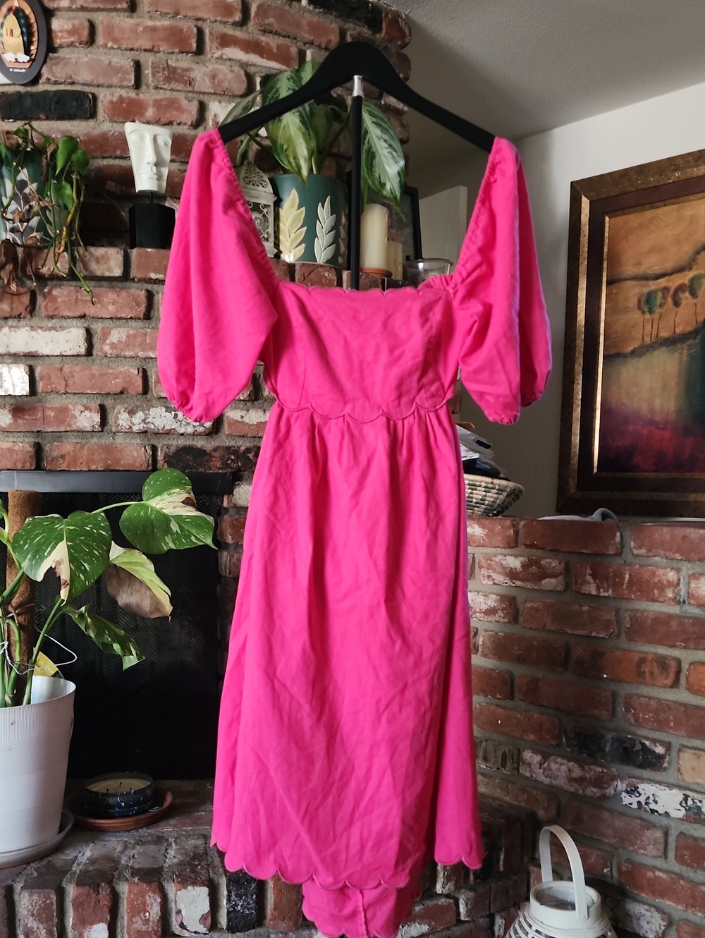 O.P.T. April Hot Pink Puff Sleeve Scallop Hem Cutout Mini Dress M